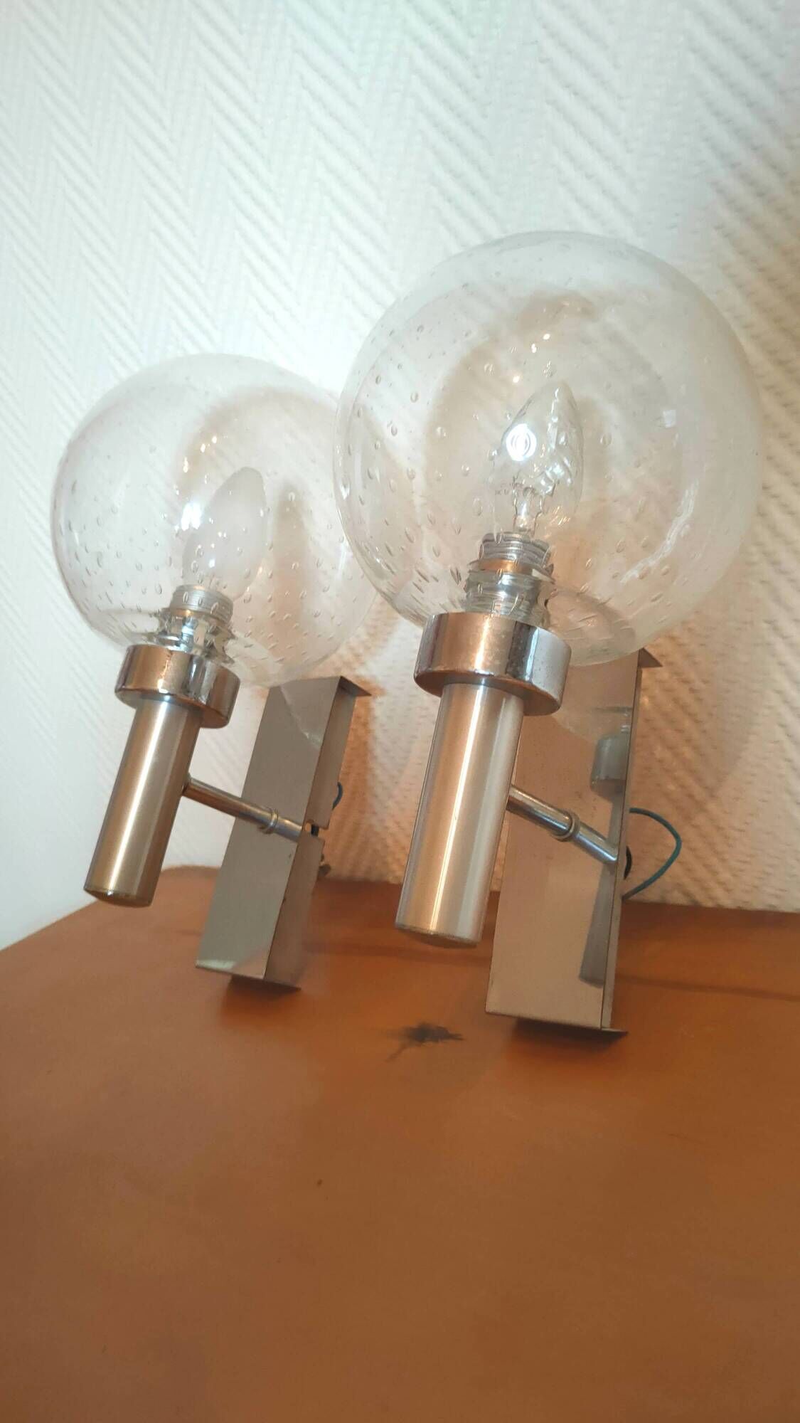 Pair of bubbled glass and inox wall lamps Doria Leuchten design 70s