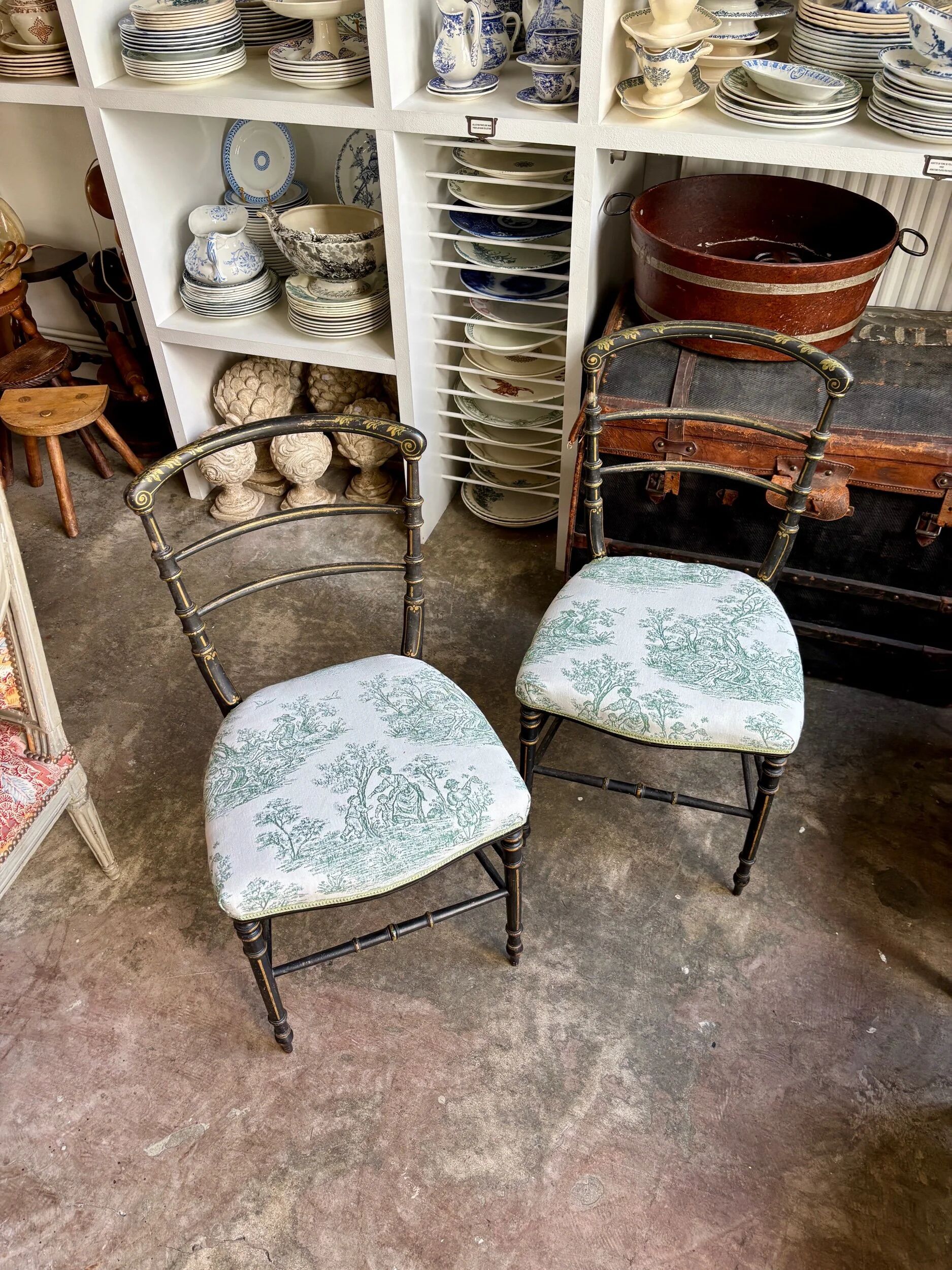Napoleon III chair in blackened wood and green toile de Jouy.