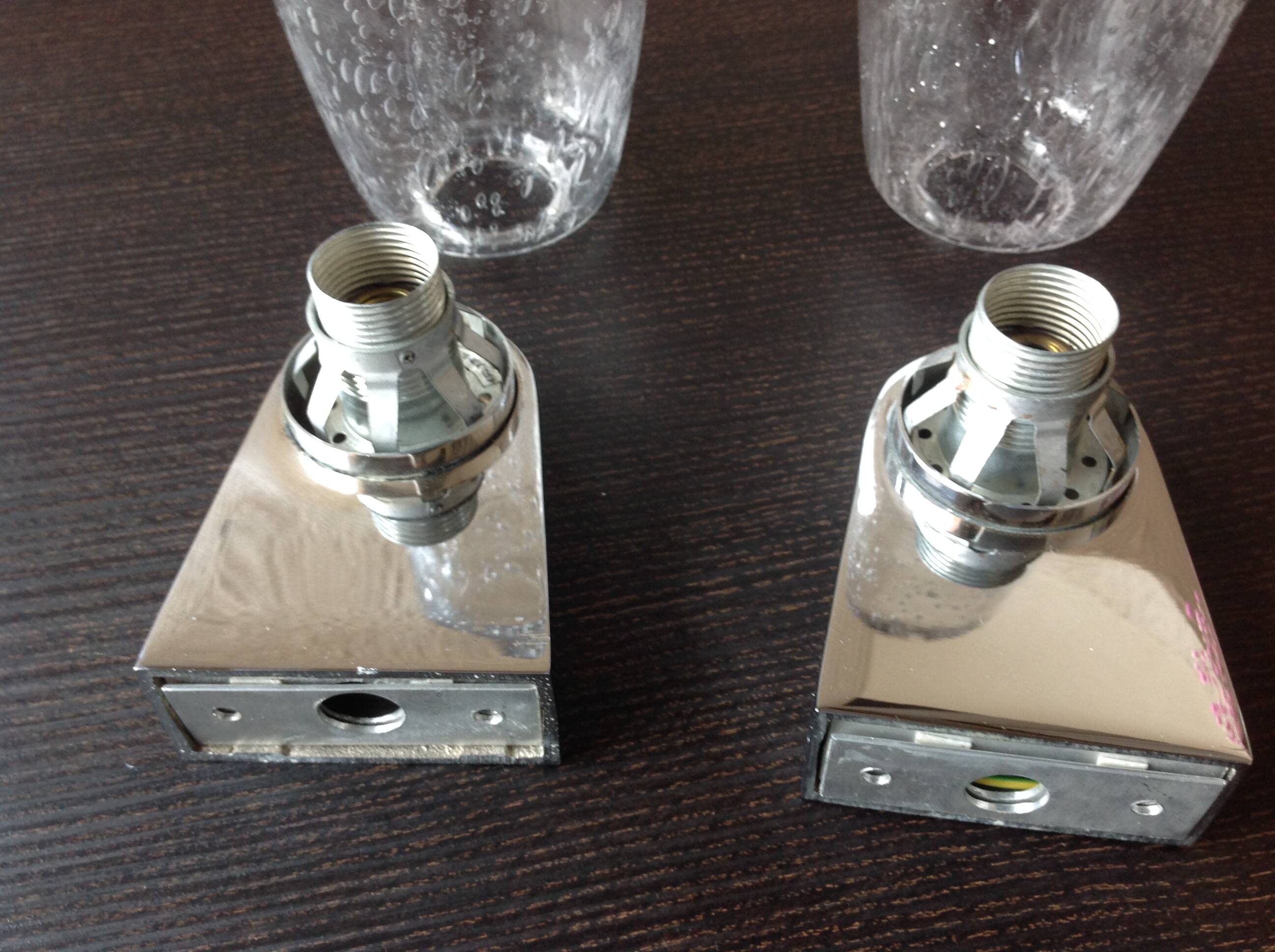 Pair of vintage 1970s-80s glass and chrome wall lights with teardrop shapes