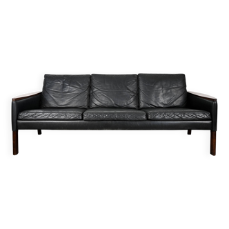 Danish 3-seater sofa in leather and rosewood