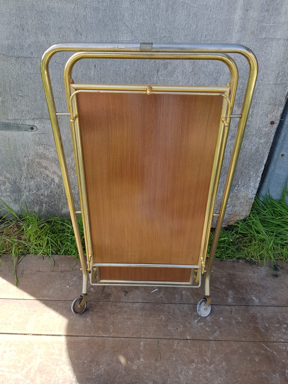 Ancient Dessert Table On Roulettes Golden Metal - Formica 70s Vintage