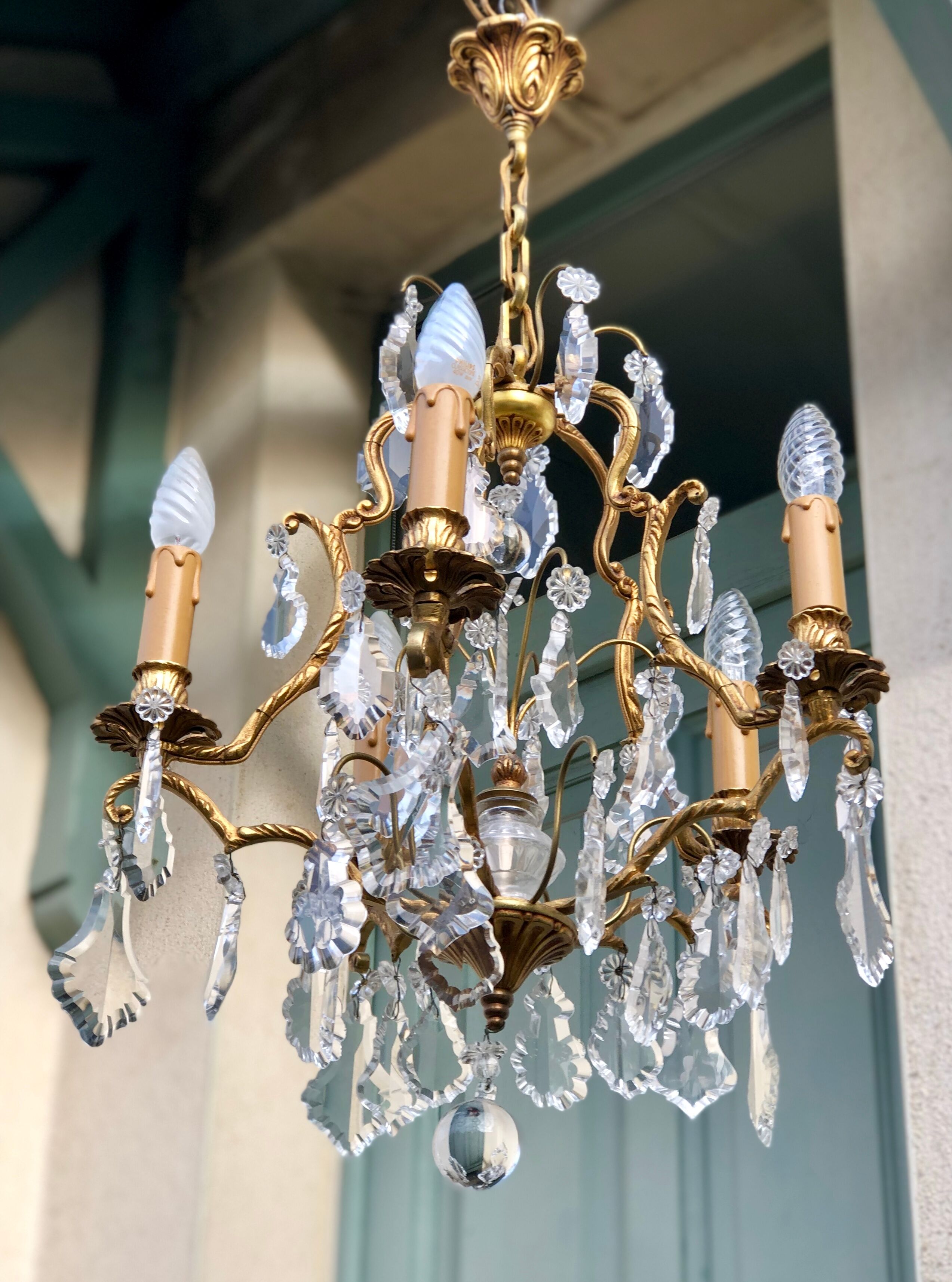 Lustre cage en bronze, 5 bras de lumière
