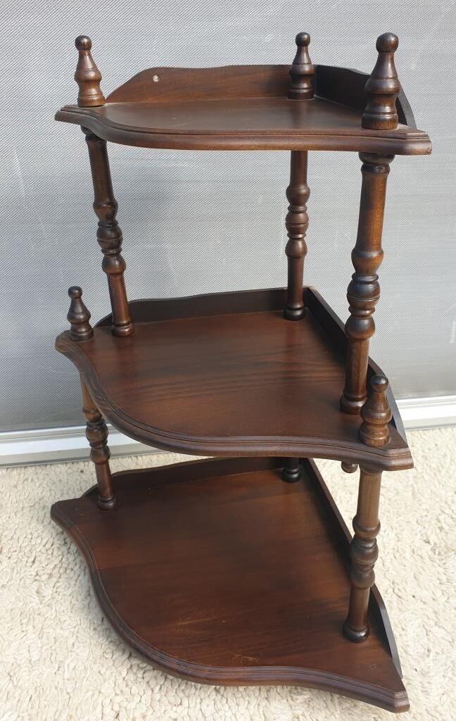 Wall-mounted corner display with 3 mahogany shelves