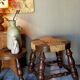 Low vintage regional stool in solid wood with straw top