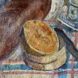 HST painting "Still life with cheese and wine" circa 1950 A. Eon (born in 1923)