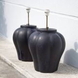 pair of night blue ceramic lamps in pumpkin shape, vintage lamp