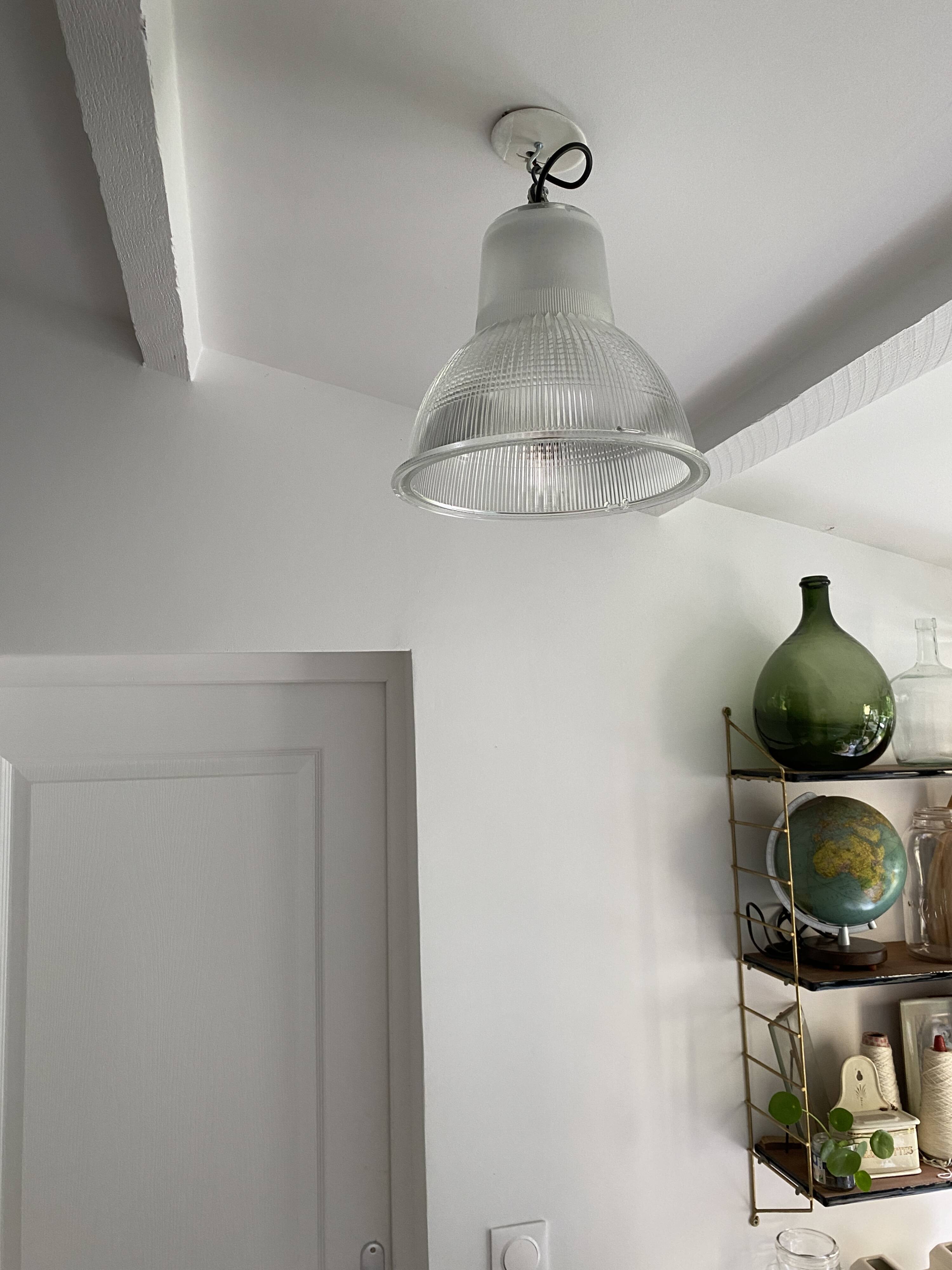 Vintage Holophane Suspension Chandelier from the 50s/60s, industrial style, transparent striated glass