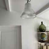 Vintage Holophane Suspension Chandelier from the 50s/60s, industrial style, transparent striated glass