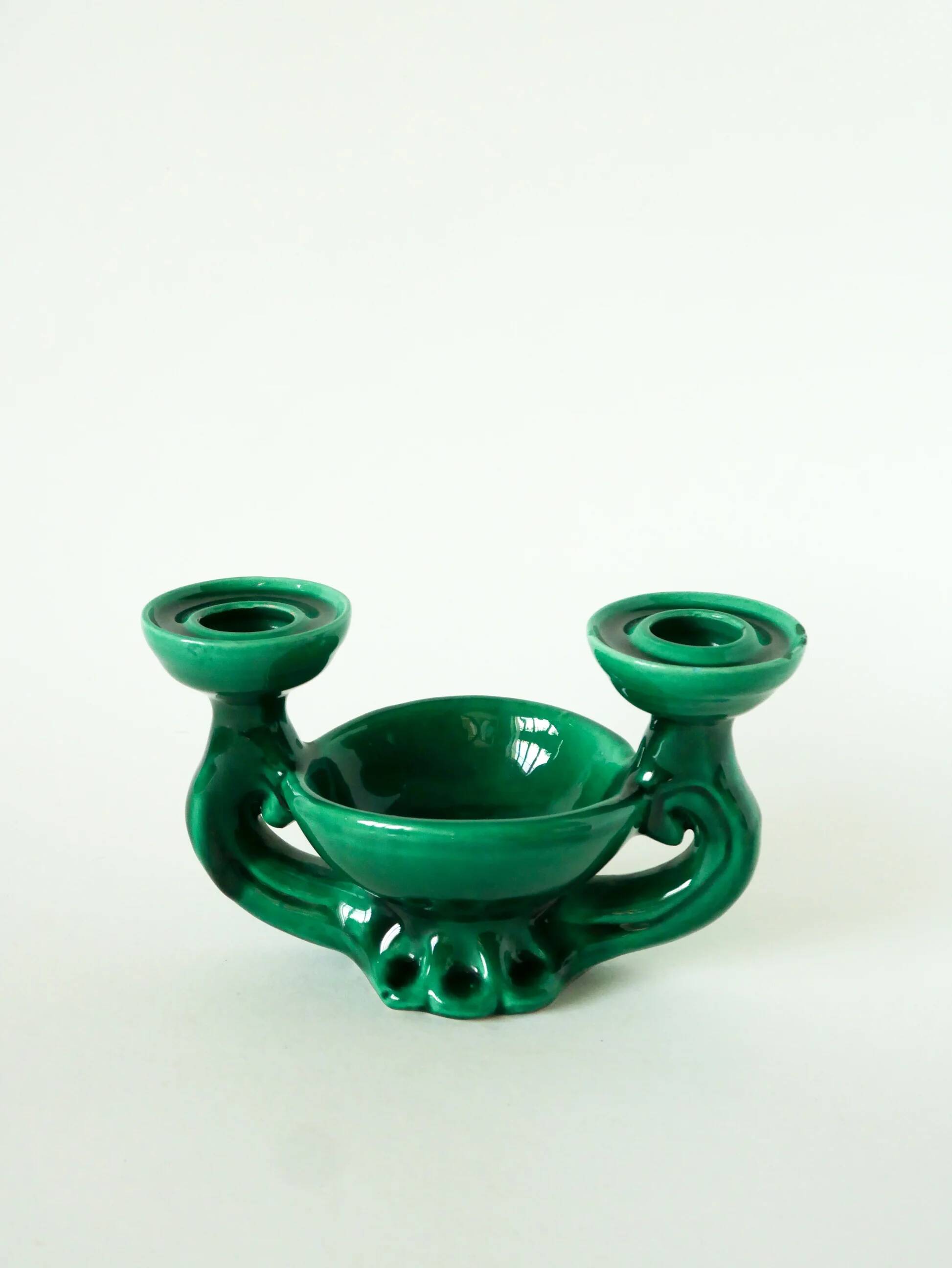 Paire de bougeoirs en céramique avec vide-poche intégré, vert, 1960