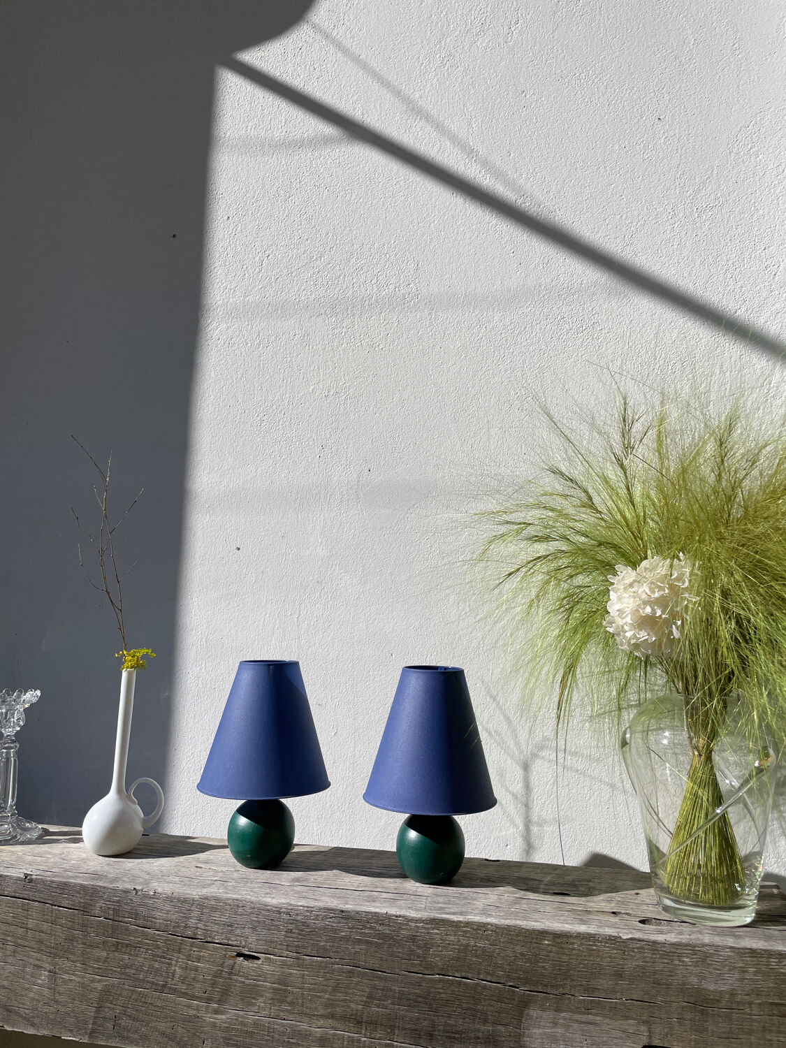 Pair of green and blue wooden ball lamps