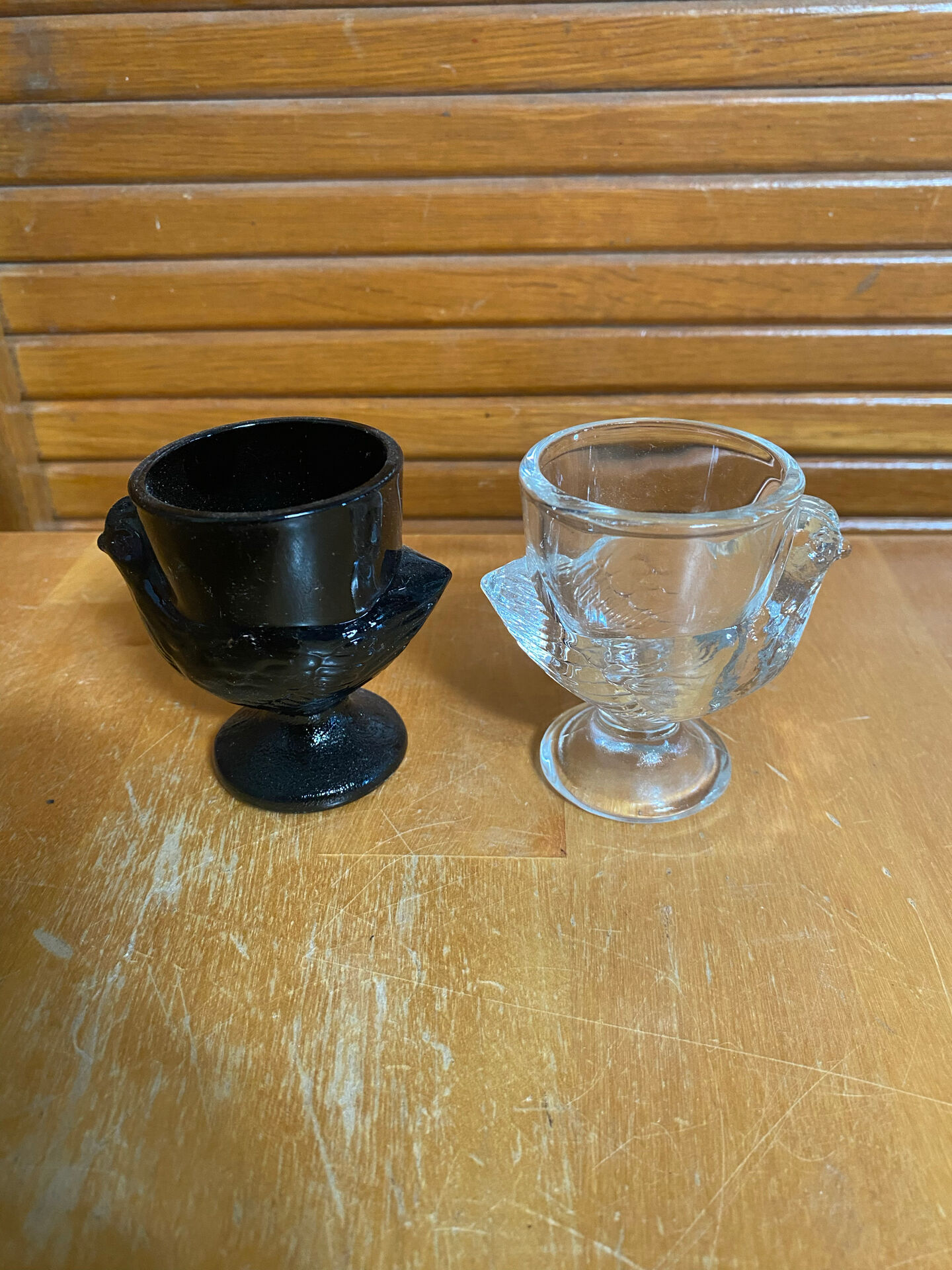 Pair of Antique Egg Cups in Black Opaline and Vintage Moulded Glass