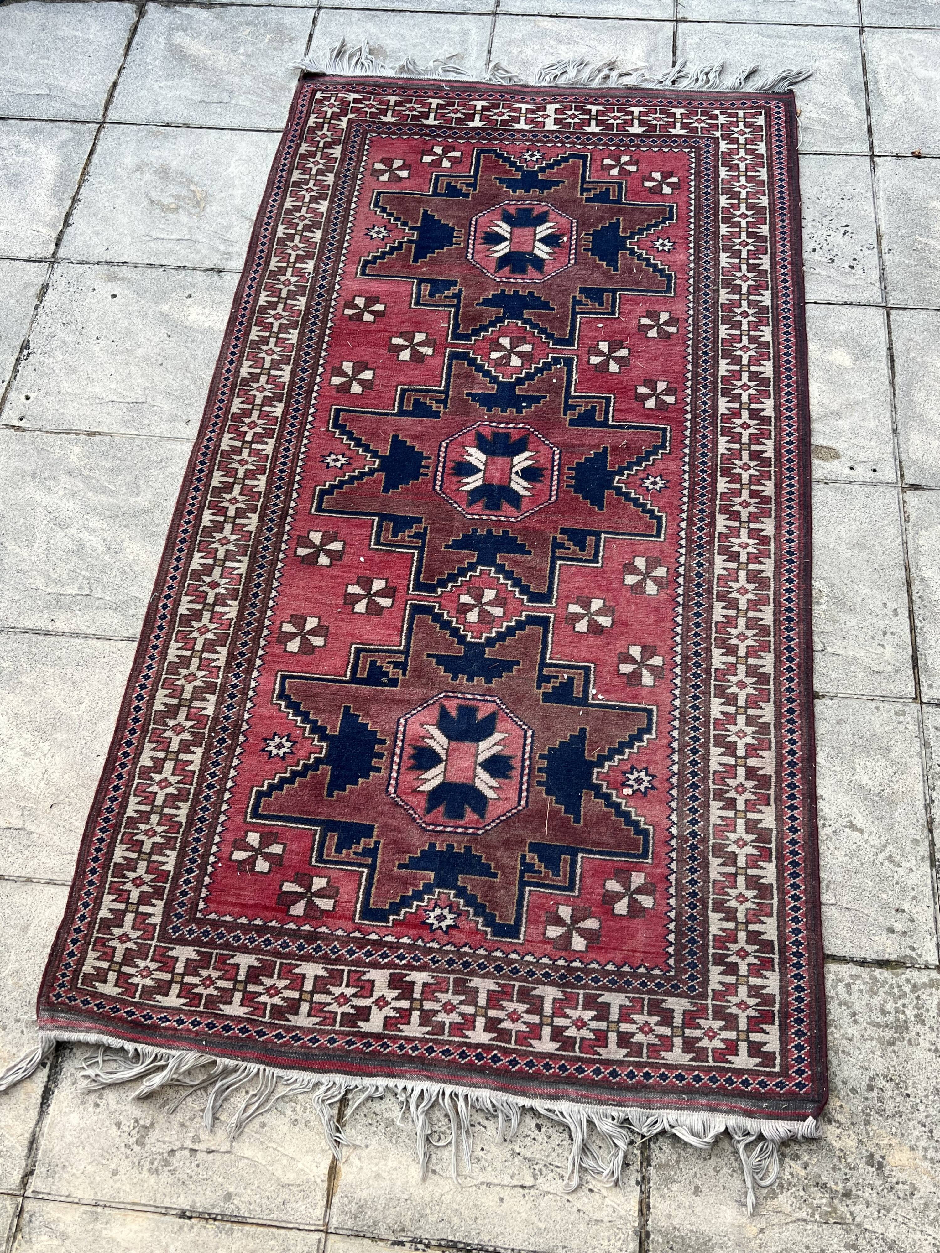 Tapis Lesghi vintage laine fait main – motifs géométriques étoile –Turquie
