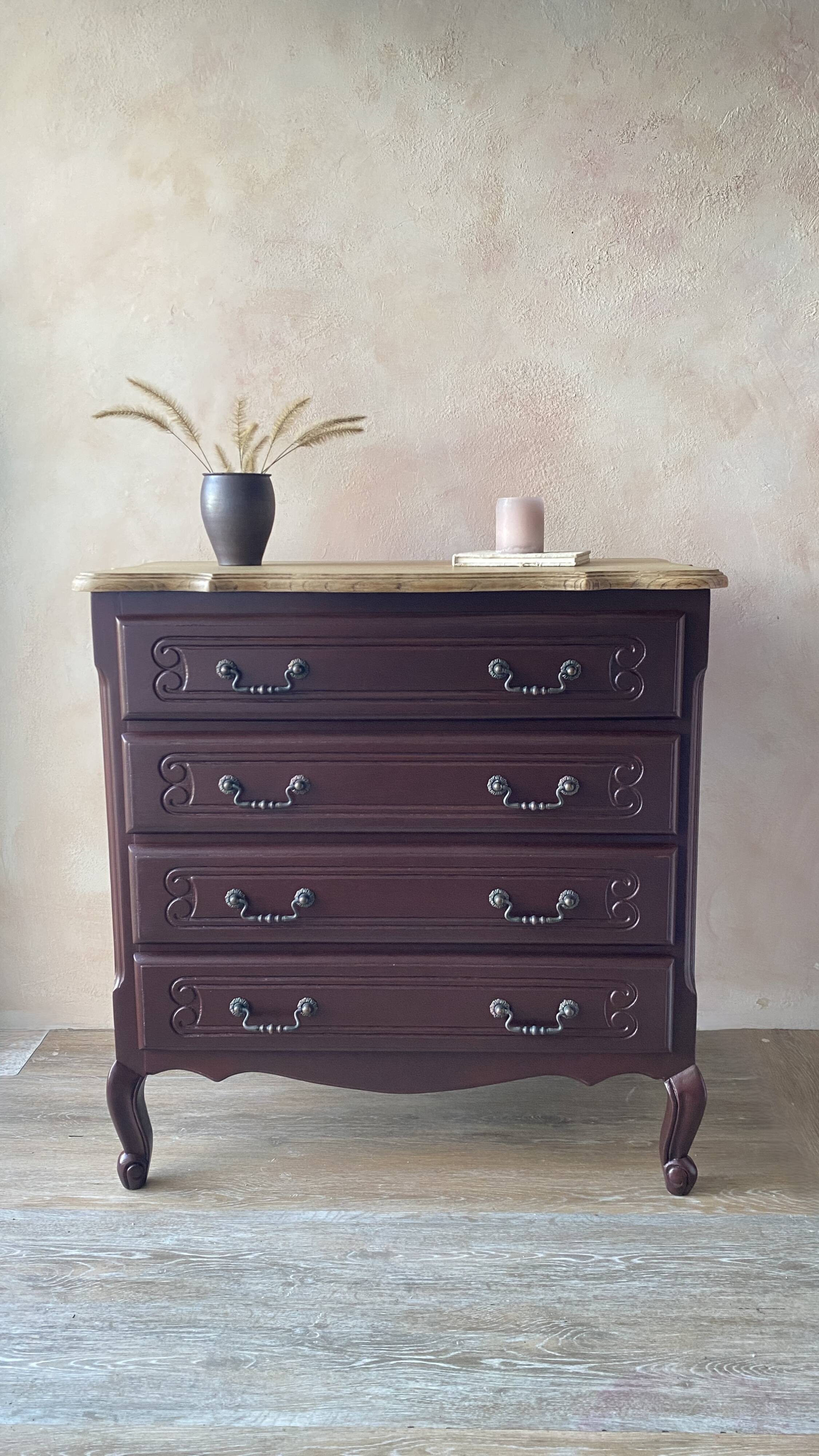 Louis XV style commode renovated - natural wood top and deep stain