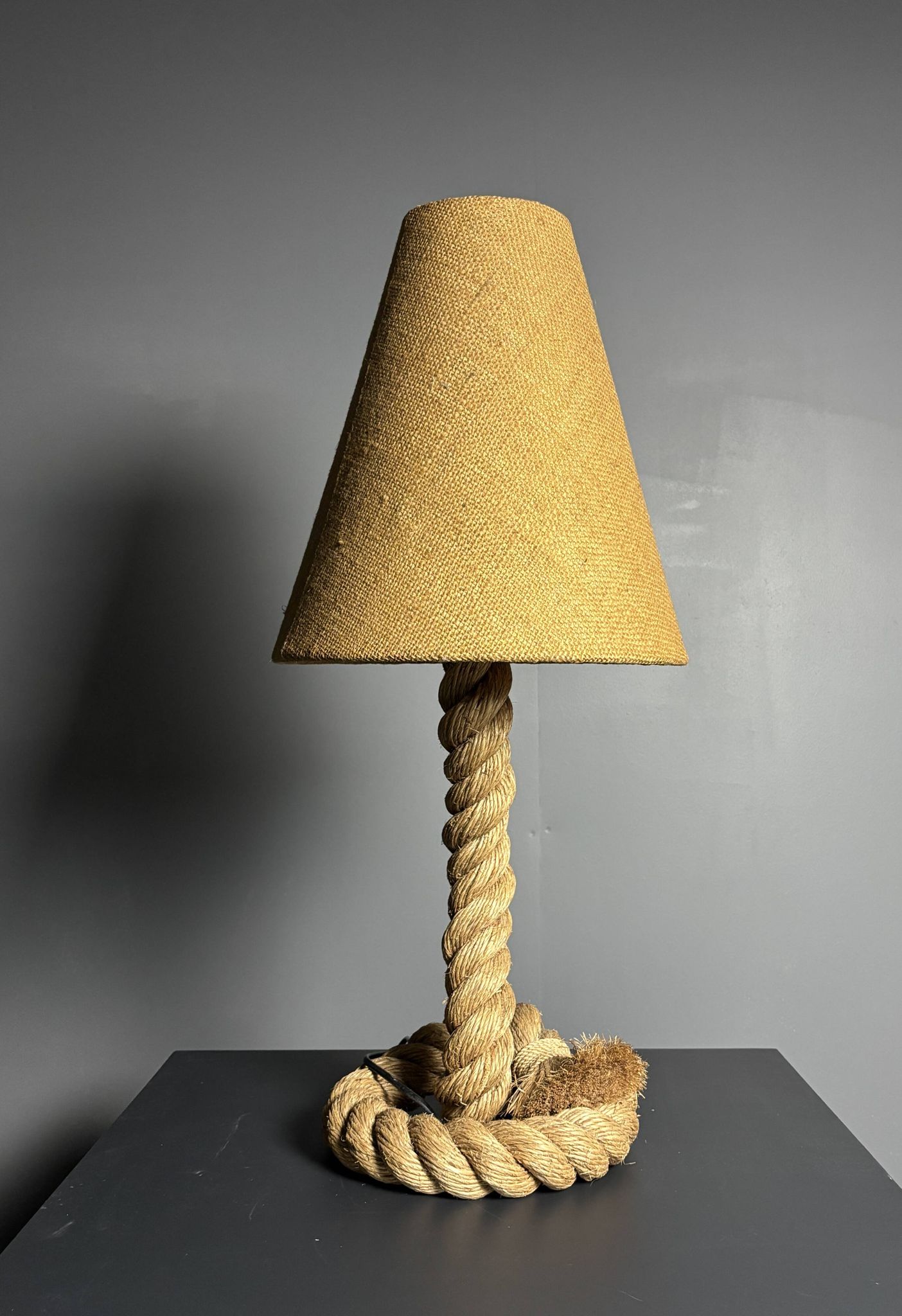 Midcentury French brutalist rope table lamp in the style of Audoux & Minet