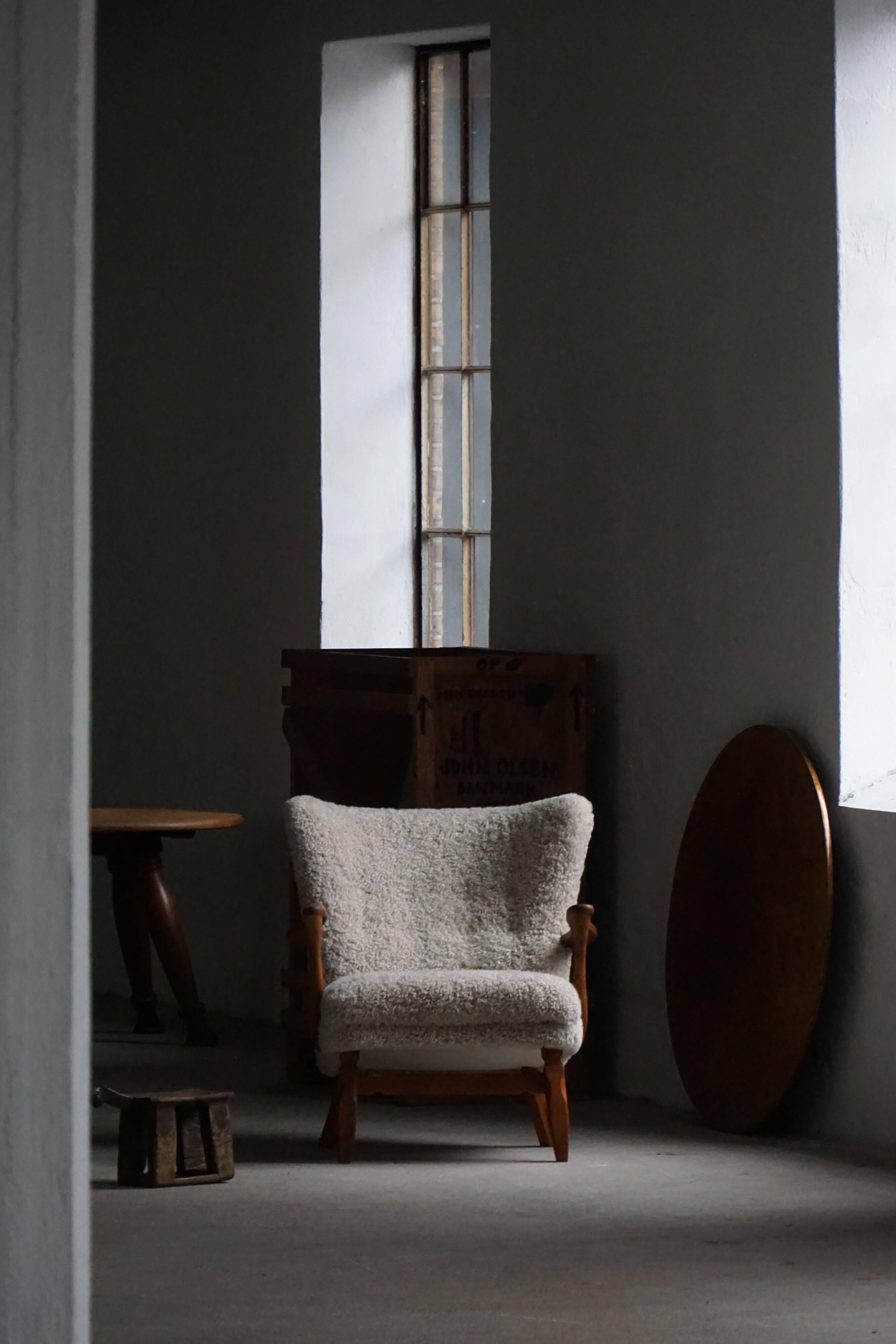 Viggo Boesen, Lounge Chair in Oak and Sheepskin Shearling, Modern Danish, 1950s