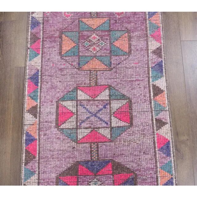 1970s Turkish Handmade Geometric Pink Wool Runner Rug 80x387