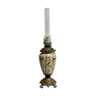 Gien XIXth: kerosene lamp in earthenware and gilded brass around 1850