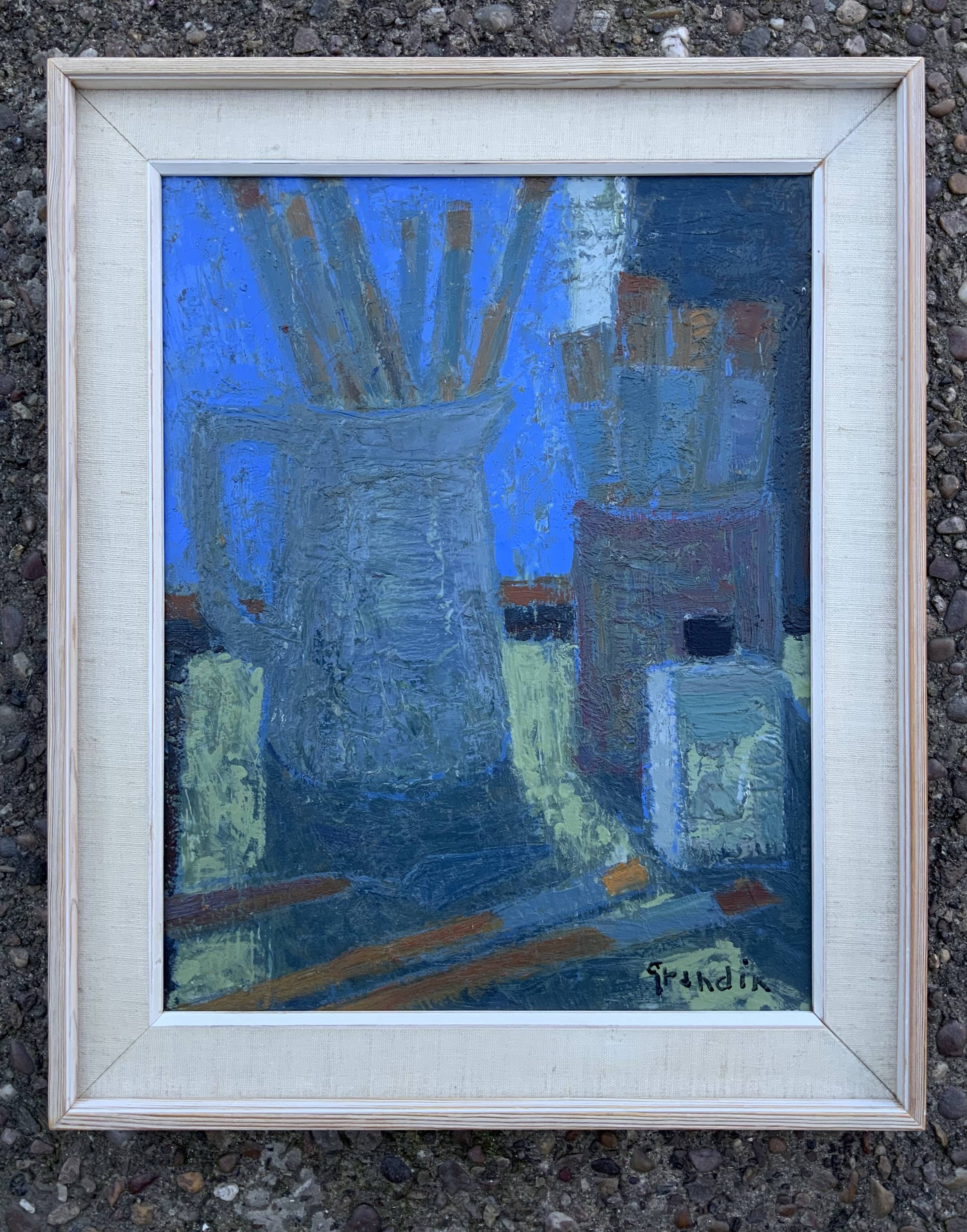 Vintage Modernists Oil Painting Blue Still Life By Svan Grandin Mid 20th Century