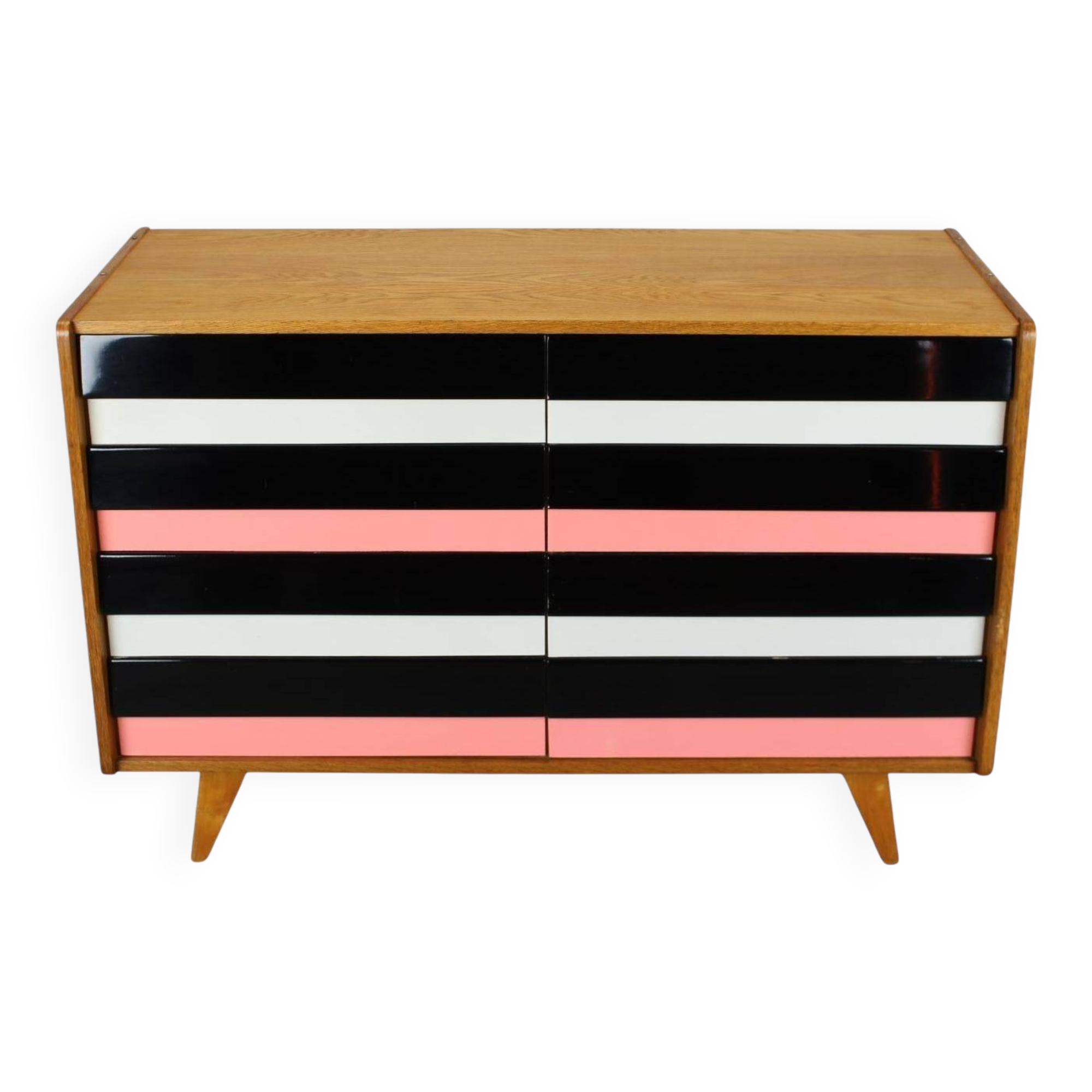 Restored 1960 chest of drawers by Jiroutek in oak with color-block drawers