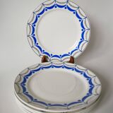 Set of 6 digoin sarreguemines flat plates blue and silver model "moulins" 1950