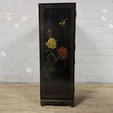 Cabinet vintage noir en laque chinoise avec fleurs et oiseaux / bohème