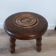 tabouret bas tripode bois, pied bobine, vintage