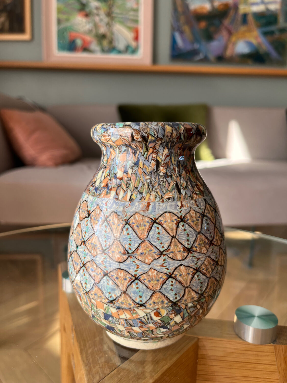 Small Vallauris vase in mosaic clay signed Gerbino