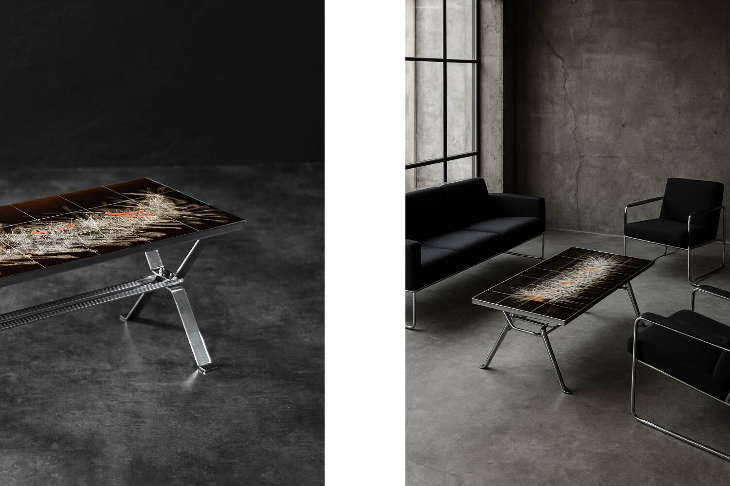 Modernist coffee table in ceramic and metal, 1970.