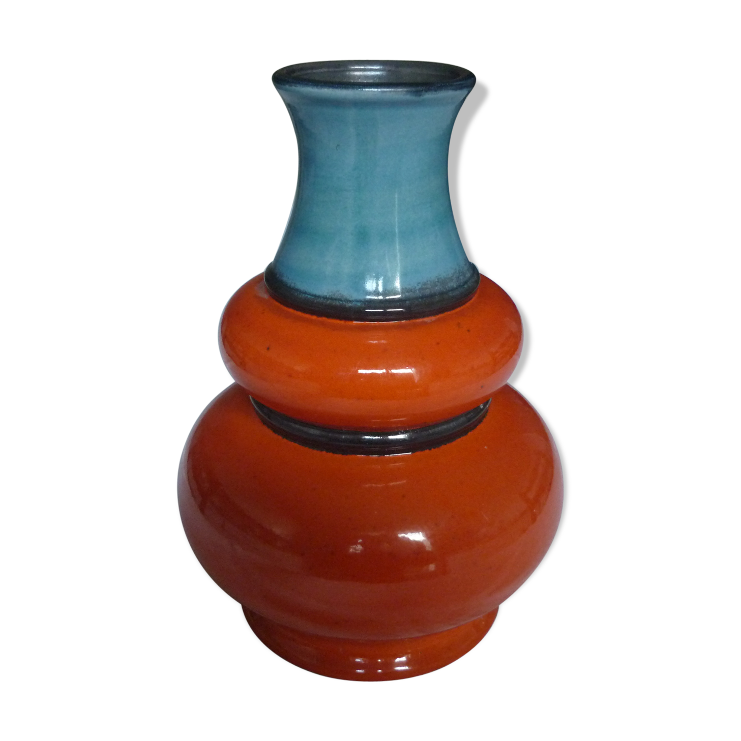 Vase vintage en céramique rouge orangé et bleu