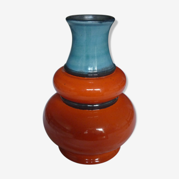 Vase vintage en céramique rouge orangé et bleu