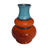 Vase vintage en céramique rouge orangé et bleu