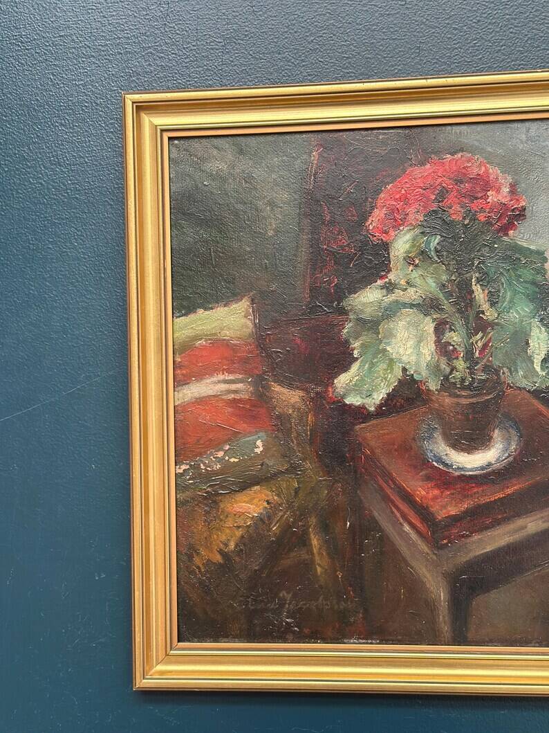 Original Swedish Oil on Panel - "Cineraria i Kruka" by Elna Jacobsson - Signed - Vintage and Framed - 48 × 43.5 cm (18.9" × 17.1")