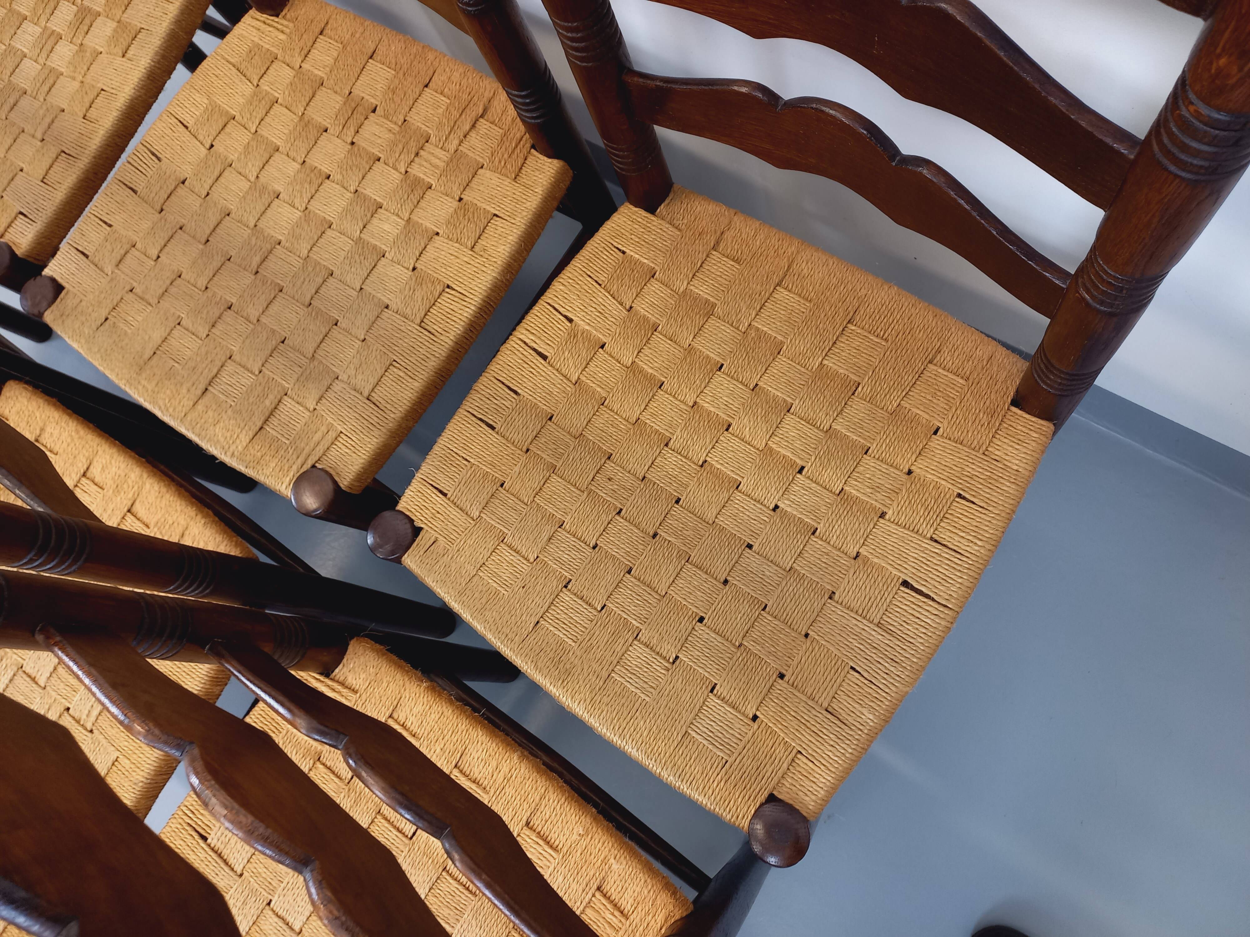 Set of 6 vintage Arts & Crafts chairs in Antonio Calligaris style in rope oak wood from the 50s