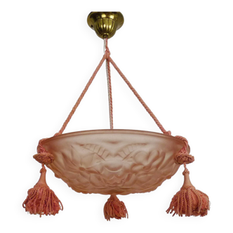 Old degue chandelier, art deco 1 light basin pendant light, in pink glass paste. signed degué