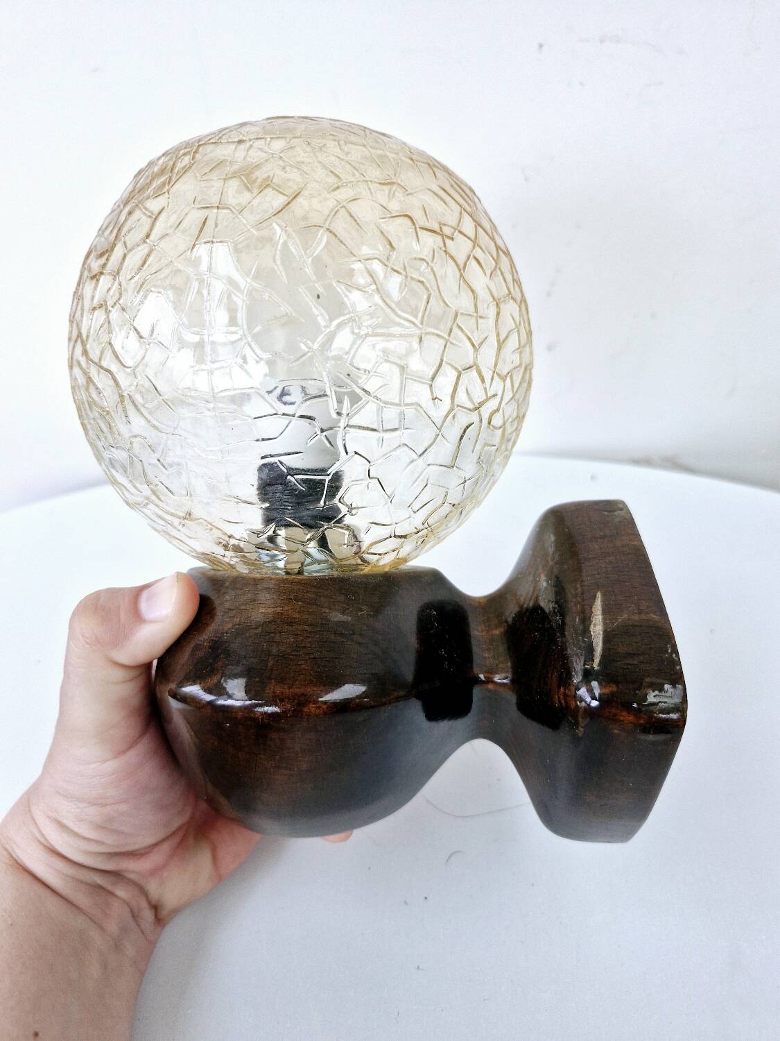 2 Art Deco ball wall lights Wood Cut glass Functional