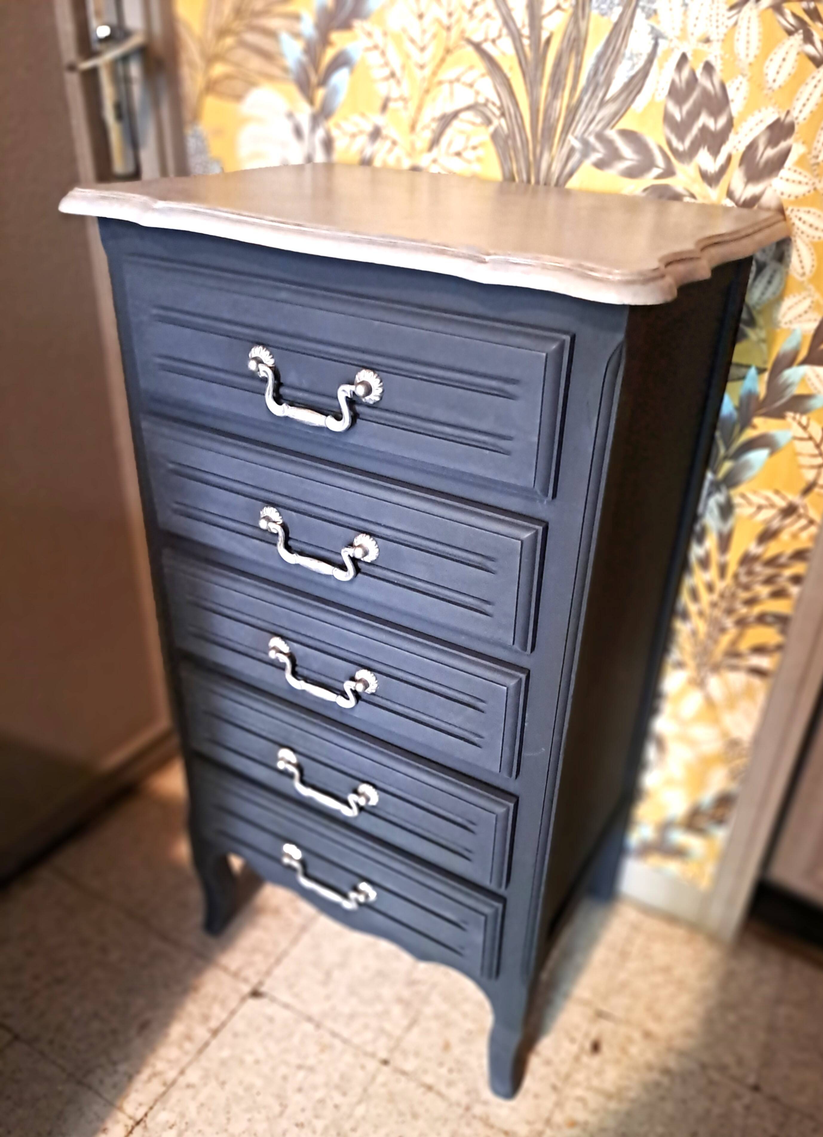 Black and grey painted wooden chest of drawers from France 1950 with 5 drawers