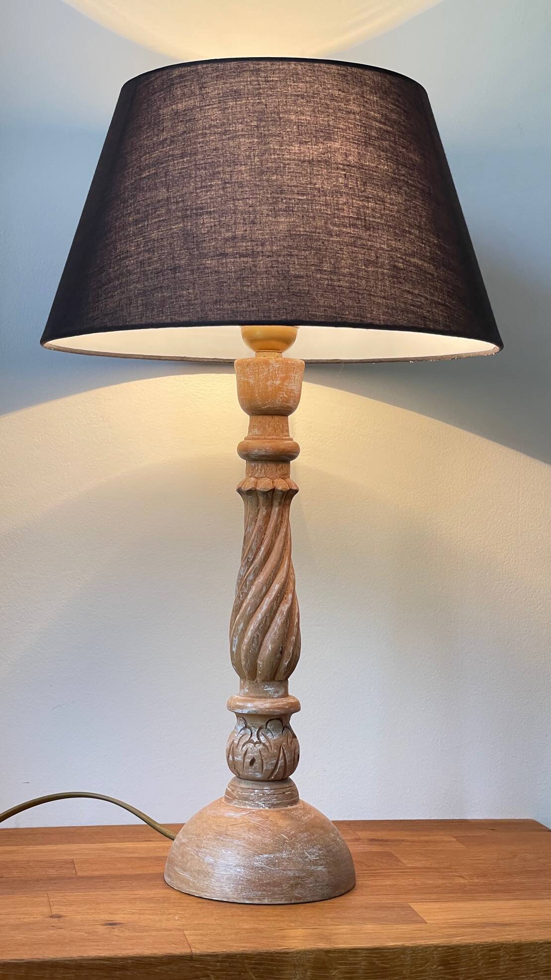 Carved wood lamp