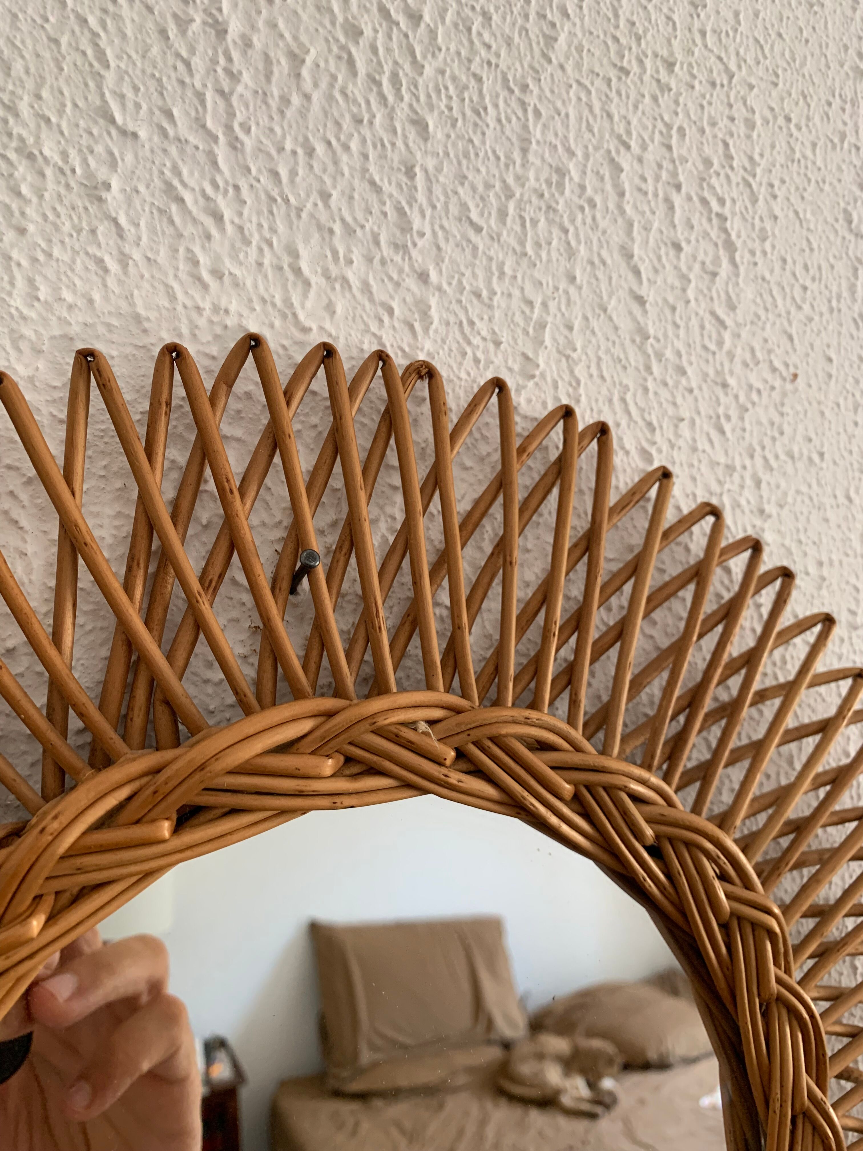 Vintage mirror 1960 sun rattan flower wicker - 37 cm