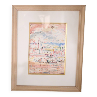 Painting View of Venice, pencil, watercolor and pastels, signed by Bernard Mangez