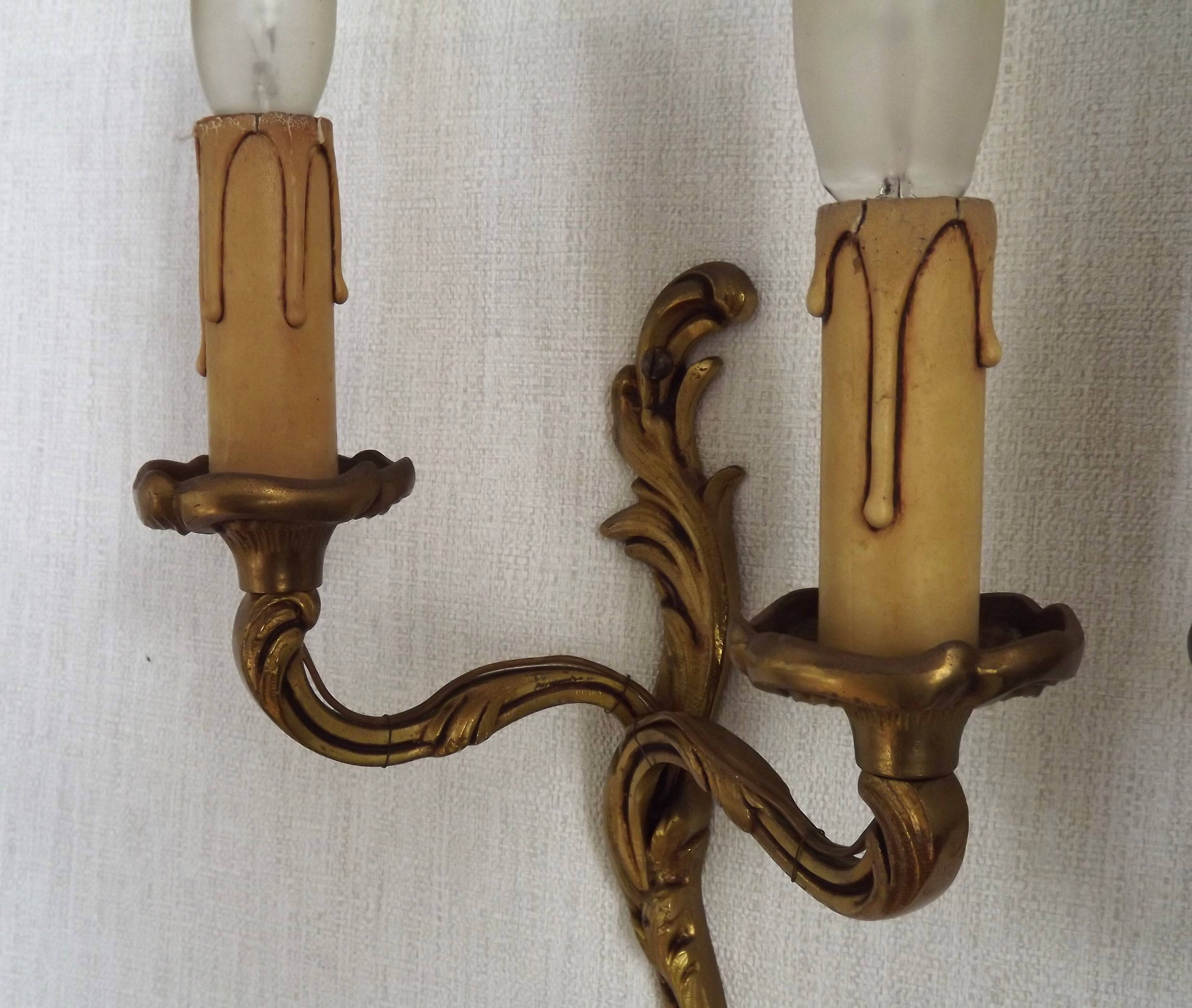 Vintage French Bronze Double Wall Sconces with Acanthus Leaf Detail 5706