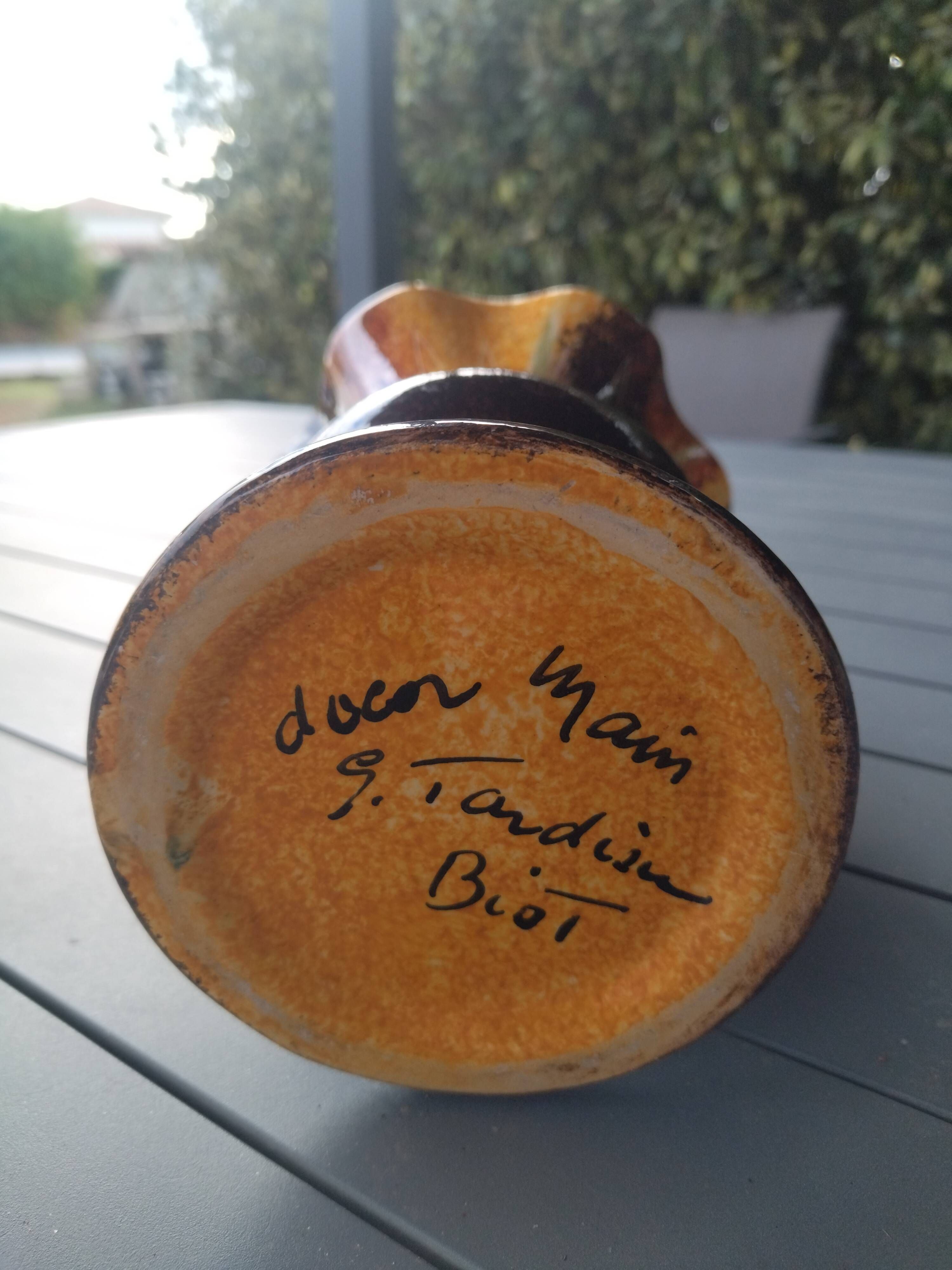 Vase pique-fleur vintage Georges Tardieu – Biot – Décor  main – 22 cm
