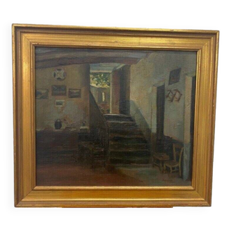 20th Century Framed Domestic Oil Painting Interior Scene Signed