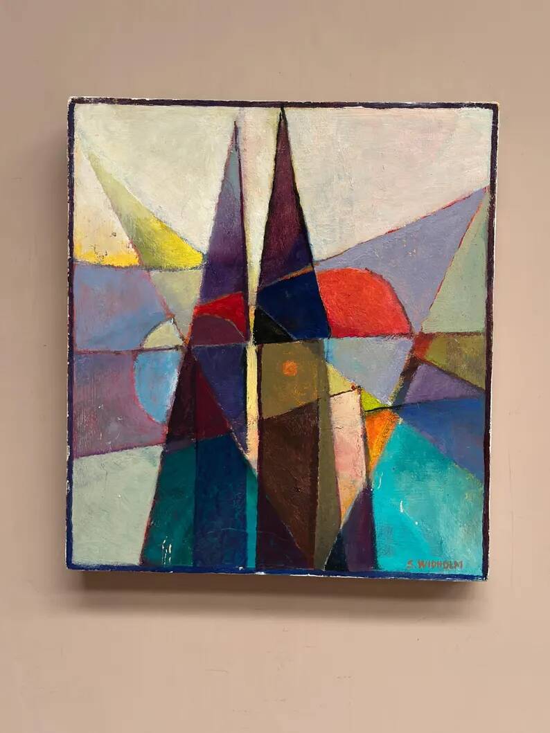 Oil on Swedish panel – 'Geometric Composition' by Stellan Widholm – Signed – vintage and framed – 35 × 32 × 5 cm