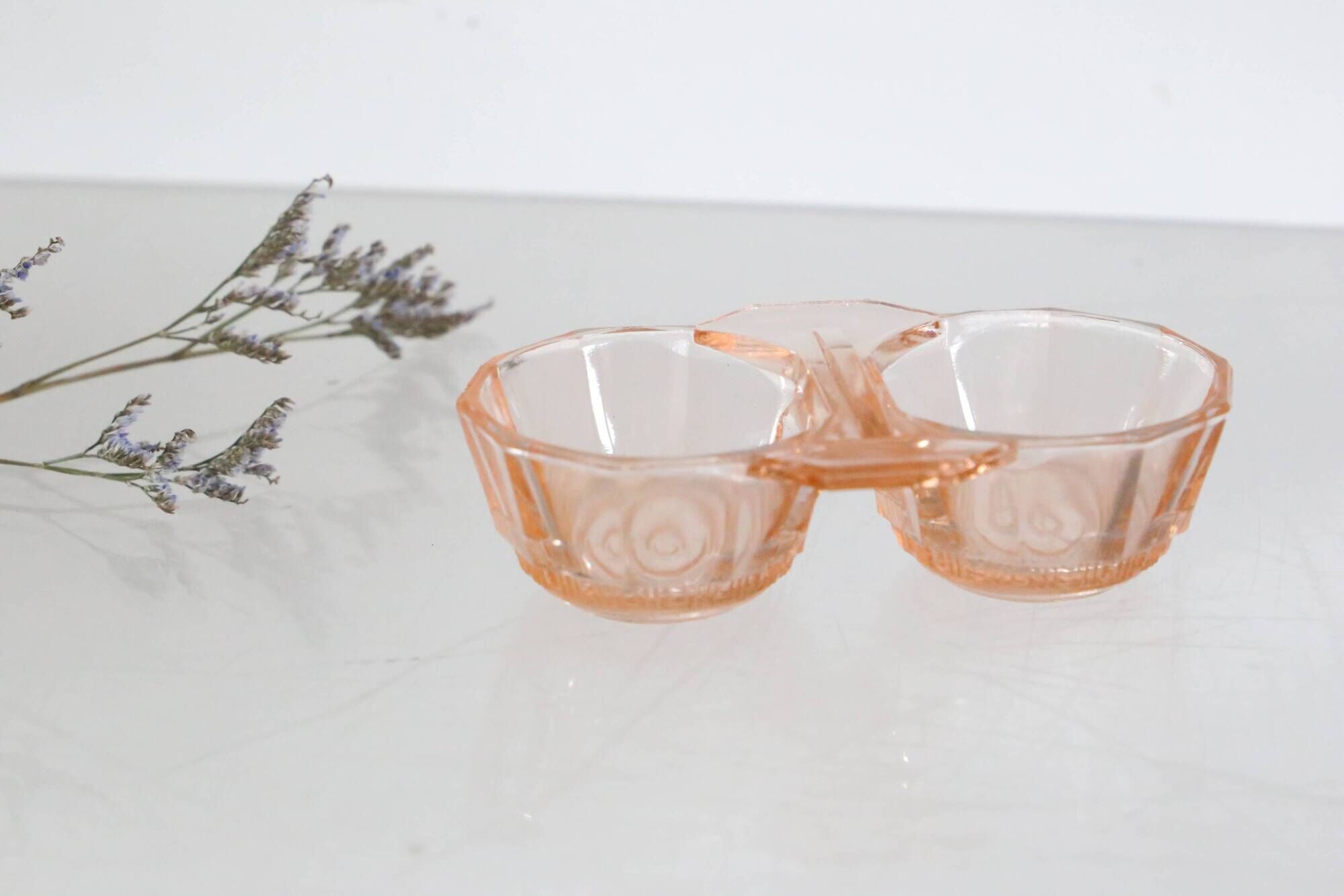 Salt and Pepper Set in pink glass, molded glass, vintage French, authentic