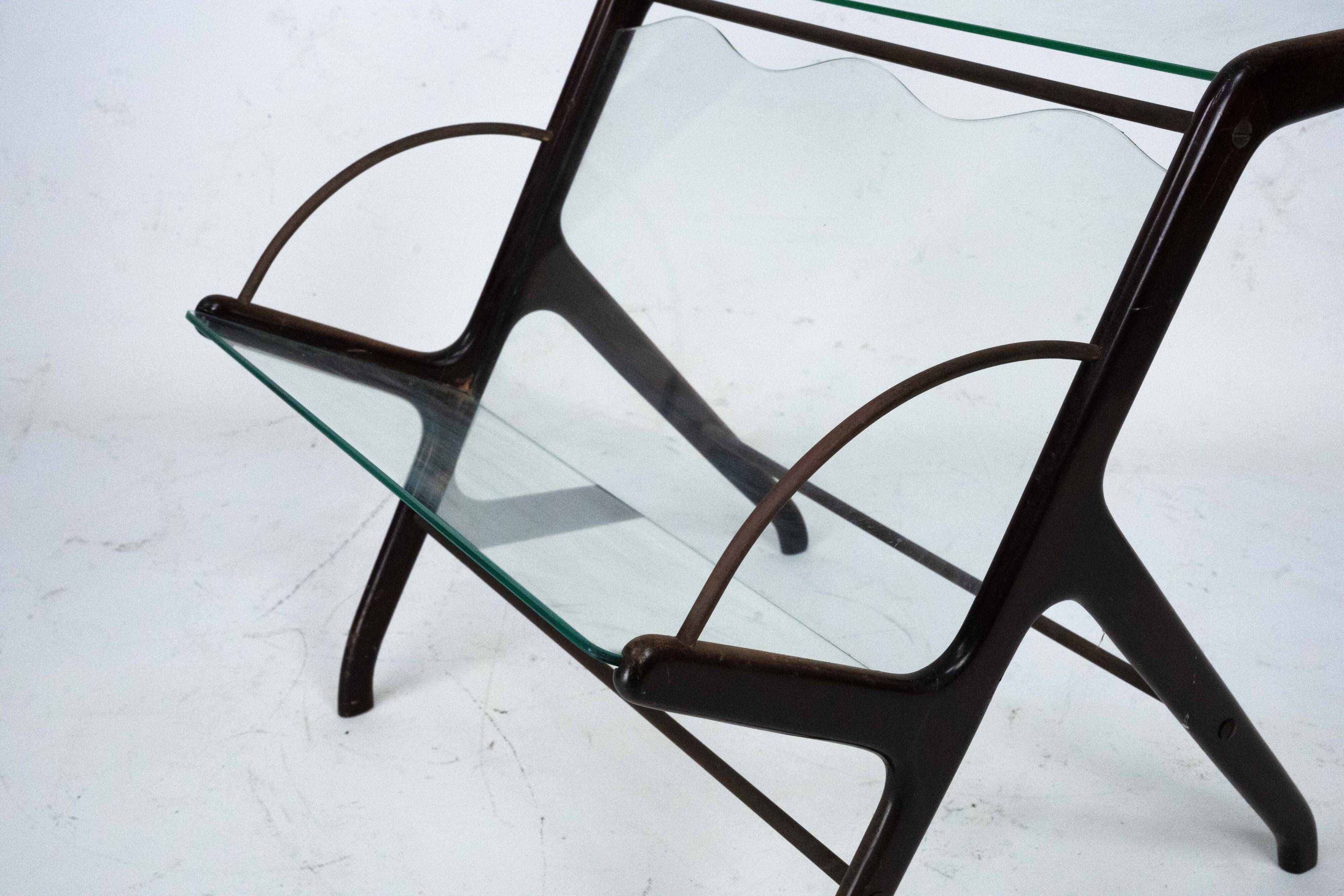 Ico Parisi Magazine Rack in Wood, Brass and Glass. Italy, 1950s