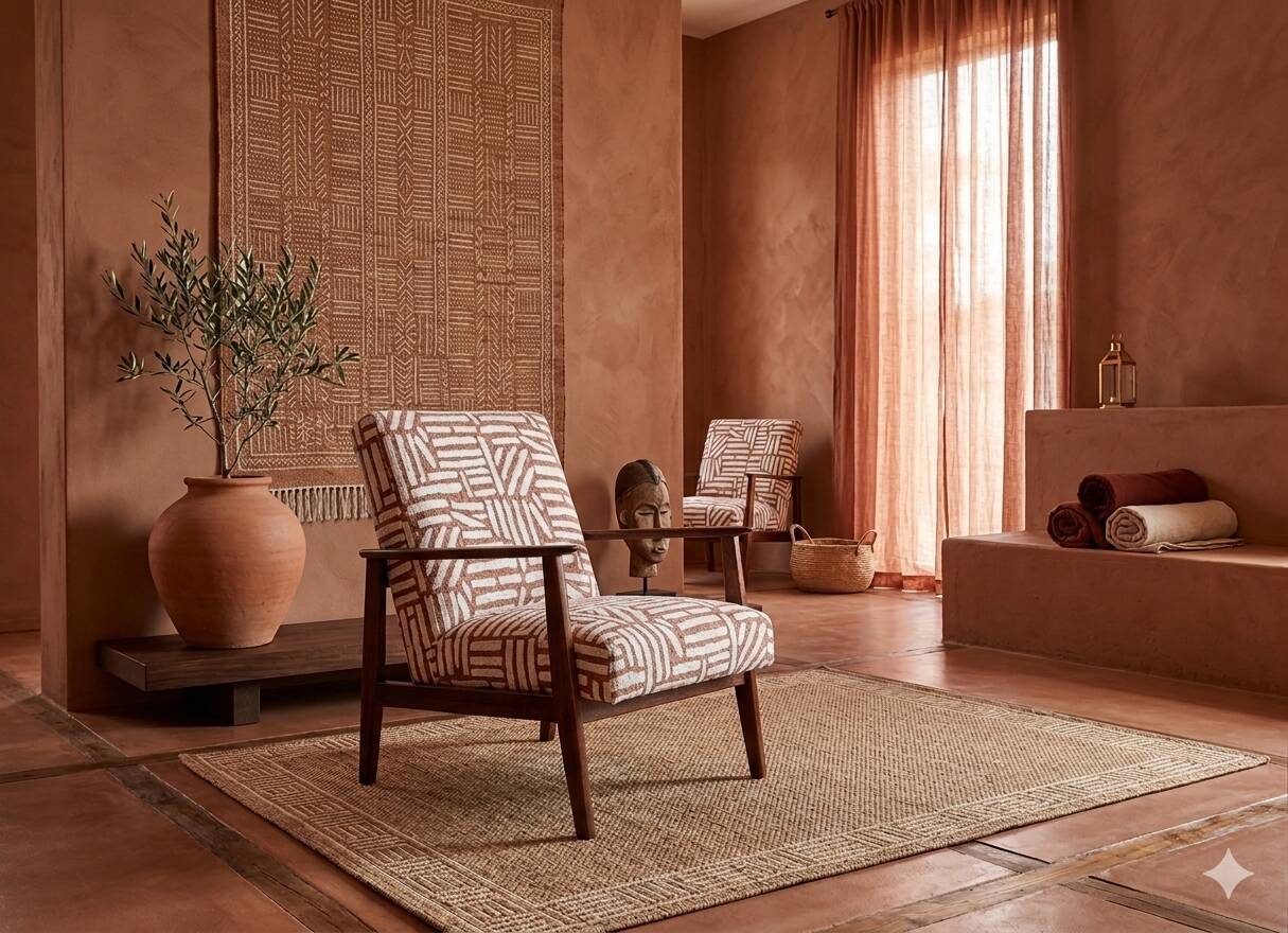 Vintage armchair in solid beech and ethnic jacquard from the 1970s.