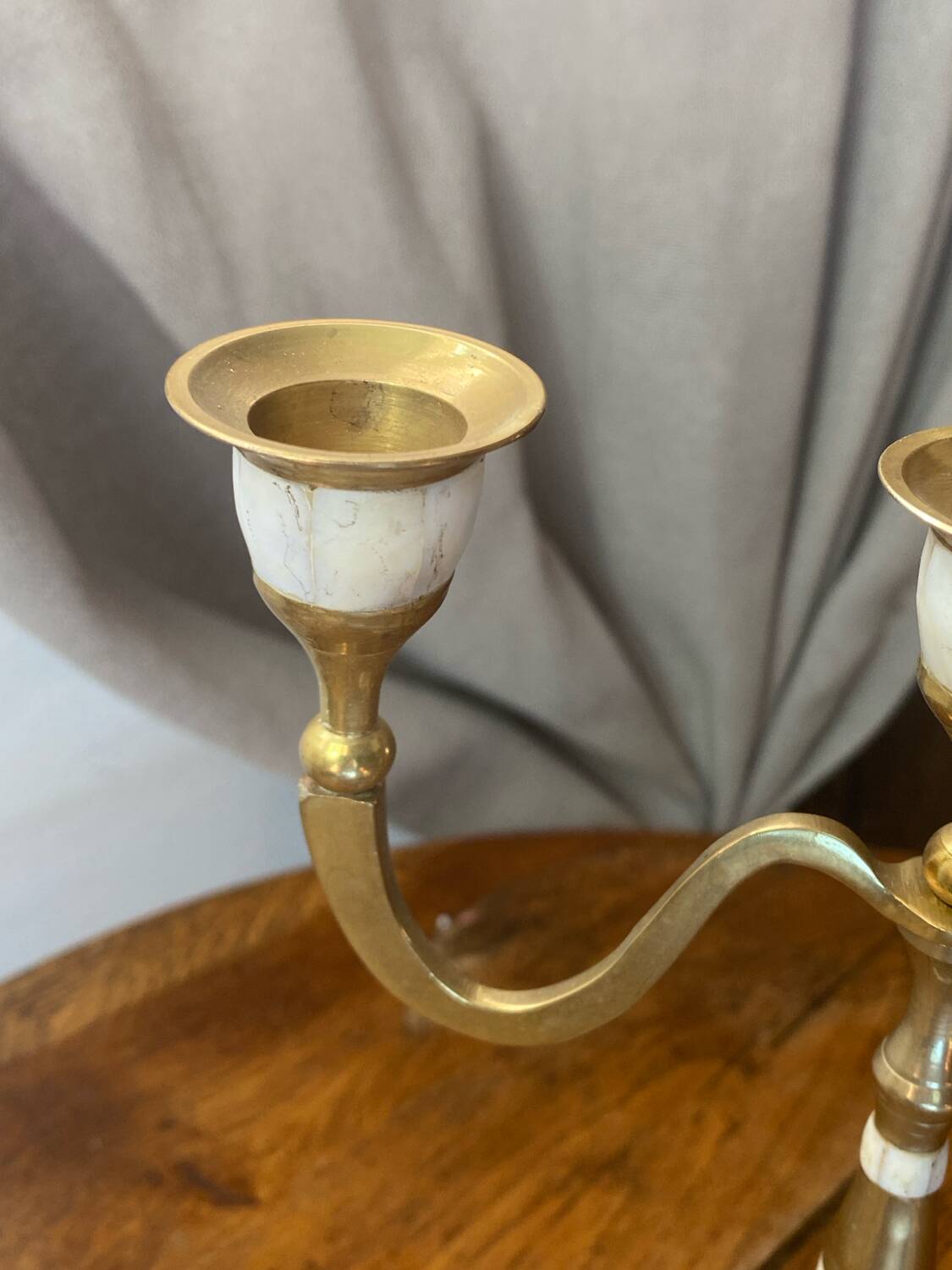 Three-light mother-of-pearl and brass candlestick