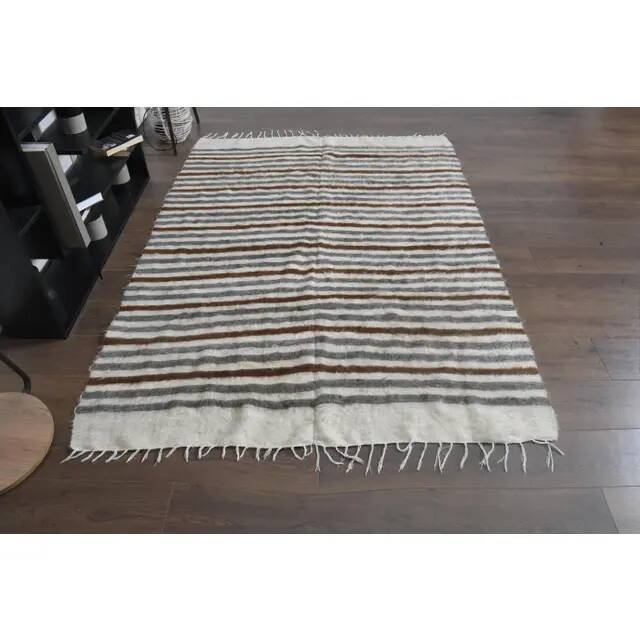 1970s Vintage Turkish Handmade Wool Cotton Beige Brown Kilim Rug 152x208