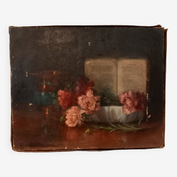 Old painting, oil on canvas, still life with book, flowers and pitcher