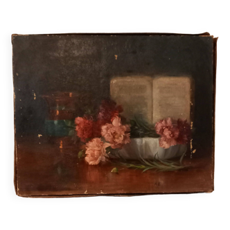 Old painting, oil on canvas, still life with book, flowers and pitcher